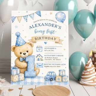 Blaue Schleife Teddybär Tartan Geburtstagseinladun Einladung