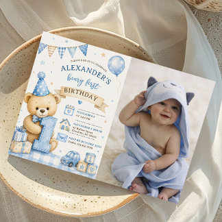 Blaue Schleife Teddybär Tartan Geburtstagsfoto Einladung