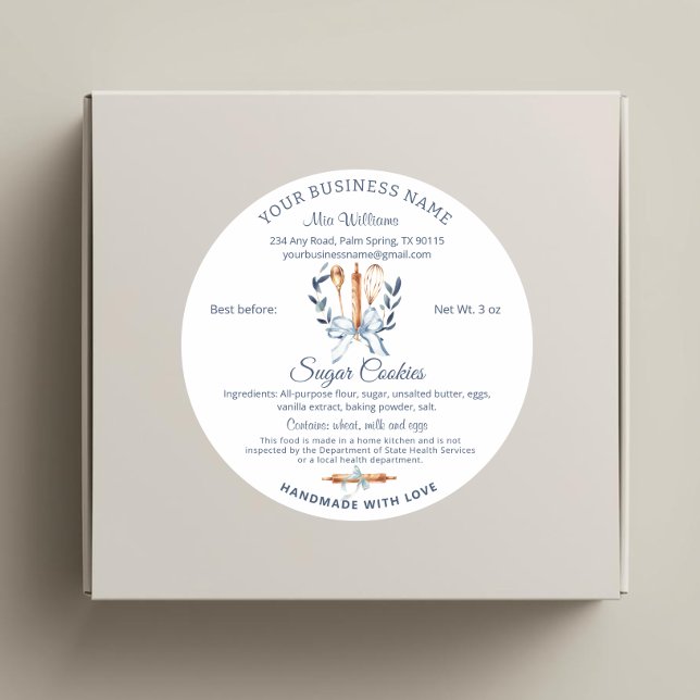 Blaue Schleife Utensilien Kochhausgemüse Gesetz Bä Runder Aufkleber (Blue Bow coquette Utensils cooking Cottage law food label)