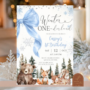 BLAUE SCHLEIFE Waldtier Winter Geburtstag Einladung
