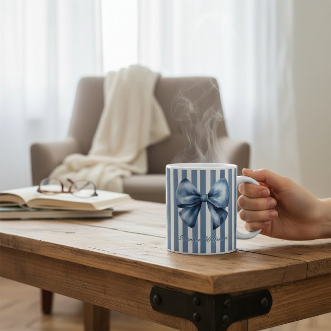 Blaue Schleife Wasserfarben-Streifendesign Kaffeetasse (Von Creator hochgeladen)