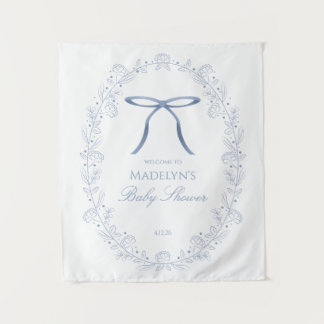 Blaue Schleifen & Blumen Baby Shower Willkommenssc Wandteppich