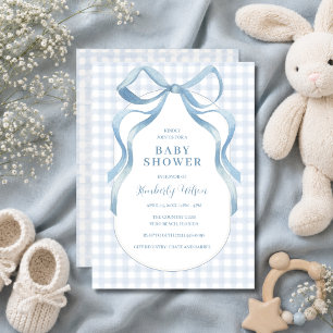 Blaue Schleifen-Schottenmuster-Baby-Party Einladung