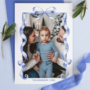 Blaue Schleifenbandrahmen-Weihnachtsfamilienfoto Feiertagskarte