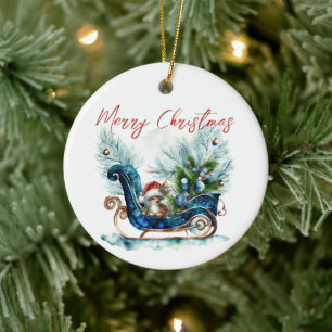 Blaue Schlitten-Baby-Rentiere Keramik Ornament