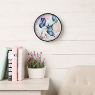 Blaue Schmetterling-Aquarell-Wanduhr Elegantes Dek Uhr