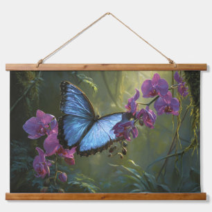 Blaue Schmetterling-Lila-Blüten-Wald-Wandkunst Wandteppich Mit Holzrahmen