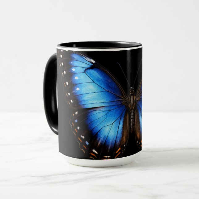 Blaue Schmetterling-Schwarze Kaffeetasse (Vorderseite Links)
