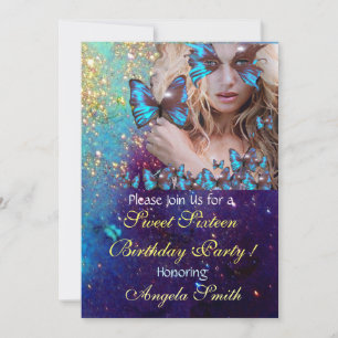 BLAUE SCHMETTERLING SÜSSE 16 PARTY MONOGRAMM EINLADUNG
