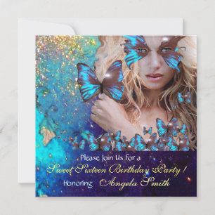 BLAUE SCHMETTERLING SÜSSE 16 PARTY MONOGRAMM EINLADUNG