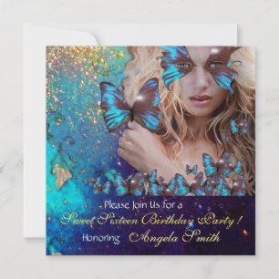 BLAUE SCHMETTERLING SÜSSE 16 PARTY  MONOGRAMM, GOL EINLADUNG