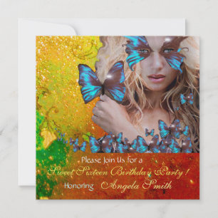 BLAUE SCHMETTERLING SÜSSE 16 PARTY  MONOGRAMM, GOL EINLADUNG