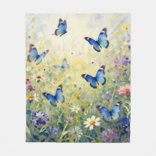 Blaue Schmetterlinge Aquarell Wildblumenwiese Fleecedecke