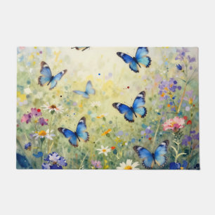 Blaue Schmetterlinge Aquarell Wildblumenwiese Fußmatte