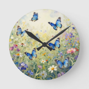 Blaue Schmetterlinge Aquarell Wildblumenwiese Runde Wanduhr