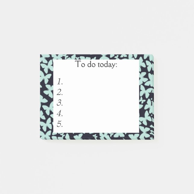 Blaue Schmetterlinge auf der schwarzen Post Notiz (Vorderseite)