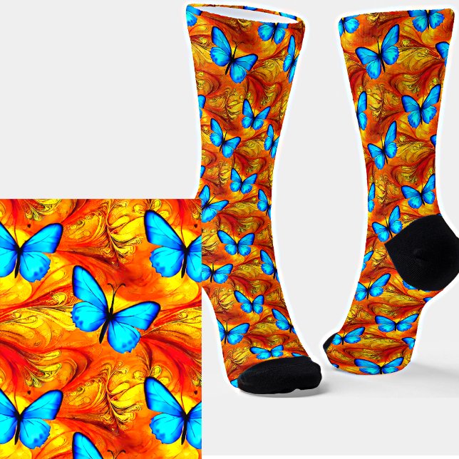 Blaue Schmetterlinge auf goldenem Hintergrund Socken (Von Creator hochgeladen)