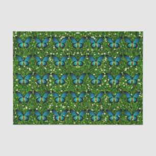 Blaue Schmetterlinge auf grünem Glitzer Seidenpapier