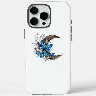 Blaue Schmetterlinge auf hölzernem Halbmond iPhone 16 Pro Max Hülle