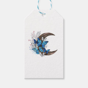 Blaue Schmetterlinge auf hölzernem Halbmond Geschenkanhänger