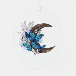 Blaue Schmetterlinge auf hölzernem Halbmond Ornament Aus Metall