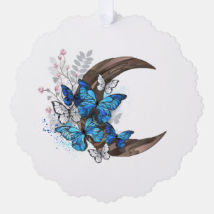 Blaue Schmetterlinge auf hölzernem Halbmond Ornament Karte