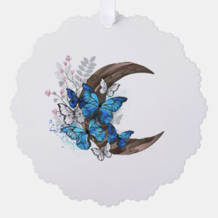 Blaue Schmetterlinge auf hölzernem Halbmond Ornament Karte