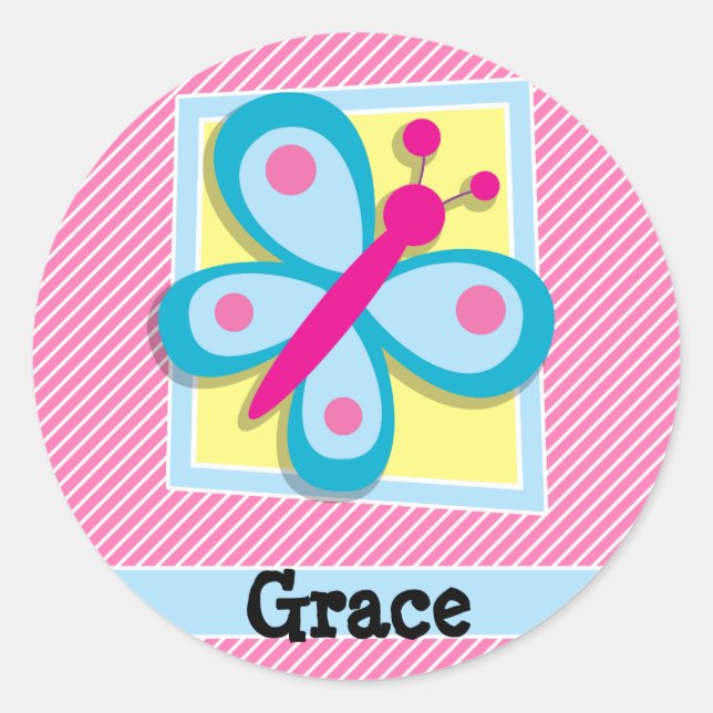 Blaue Schmetterlinge auf rosa und weiße Streifen Runder Aufkleber (Vorderseite)