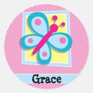 Blaue Schmetterlinge auf rosa und weiße Streifen Runder Aufkleber