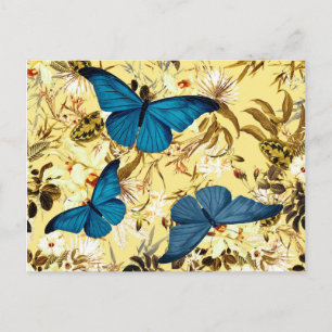 Blaue Schmetterlinge auf Vintagem Creme-Floral-Mus Postkarte
