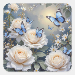 Blaue Schmetterlinge auf weißen Rosen und Gänseblü Quadratischer Aufkleber