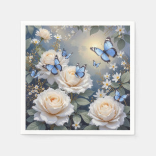 Blaue Schmetterlinge auf weißen Rosen und Gänseblü Serviette