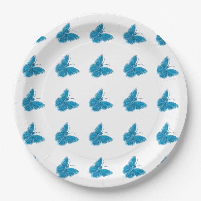 Blaue Schmetterlinge flatterndes Illustrationsmust Pappteller (Vorderseite)