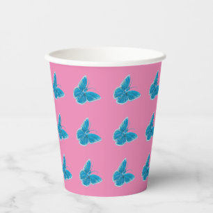 Blaue Schmetterlinge flatterndes Muster Pink Pappbecher