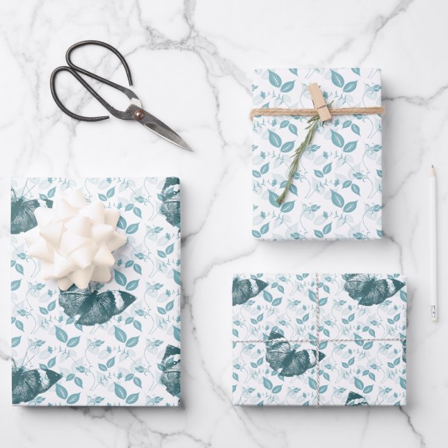 Blaue Schmetterlinge Geburtstag Geschenkpapier Set (Vorderseite)