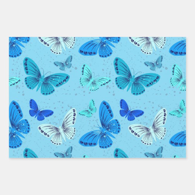 Blaue Schmetterlinge Geschenkpapier Set (Vorderseite)