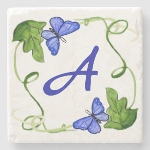 Blaue Schmetterlinge, grünes Leaf-Monogramm Steinuntersetzer
