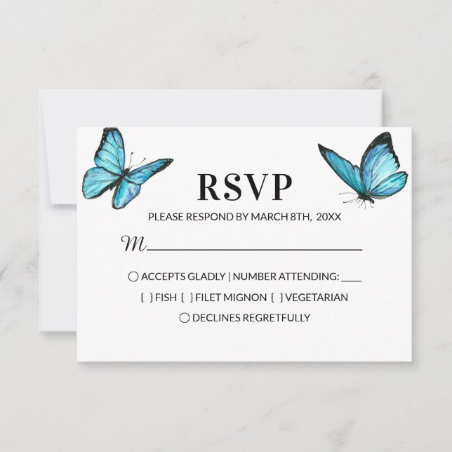Blaue Schmetterlinge Hochzeit RSVP (Vorderseite)