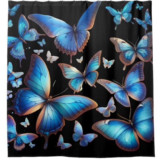 Blaue Schmetterlinge im Flug Duschvorhang (Vorderseite)