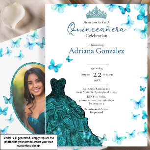 Blaue Schmetterlinge Kleid Tiara Foto Quinceanera Einladung