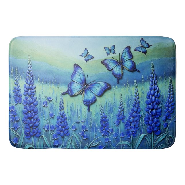 Blaue Schmetterlinge mit blauen Blumen, Badematte (Vorderseite)
