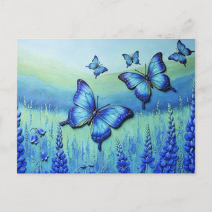 Blaue Schmetterlinge mit blauen Blumen, Feiertagspostkarte