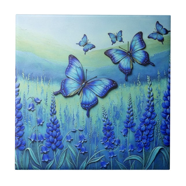 Blaue Schmetterlinge mit blauen Blumen, Fliese (Vorderseite)