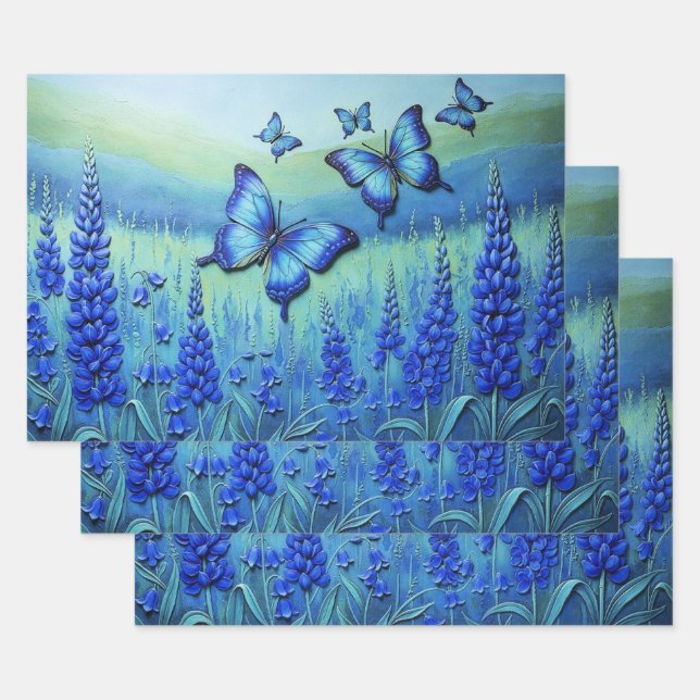 Blaue Schmetterlinge mit blauen Blumen, Geschenkpapier Set (Set)