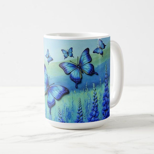 Blaue Schmetterlinge mit blauen Blumen, Kaffeetasse (VorderseiteRechts)