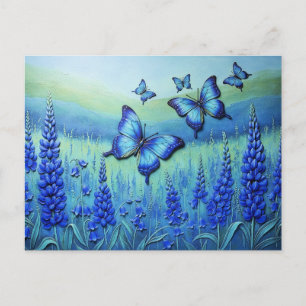 Blaue Schmetterlinge mit blauen Blumen, Postkarte