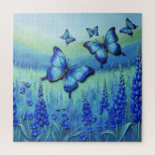 Blaue Schmetterlinge mit blauen Blumen, Puzzle
