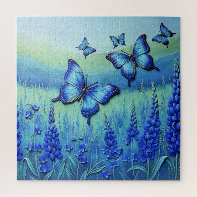 Blaue Schmetterlinge mit blauen Blumen, Puzzle (Vertikal)