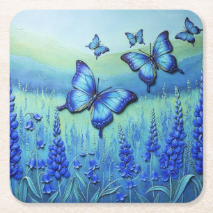 Blaue Schmetterlinge mit blauen Blumen, Rechteckiger Pappuntersetzer