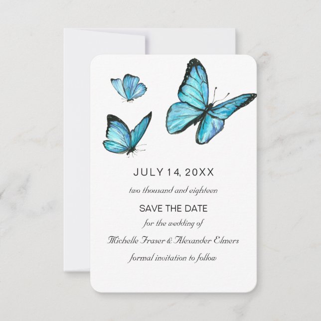 Blaue Schmetterlinge Modern Save the Date Einladung (Vorderseite)